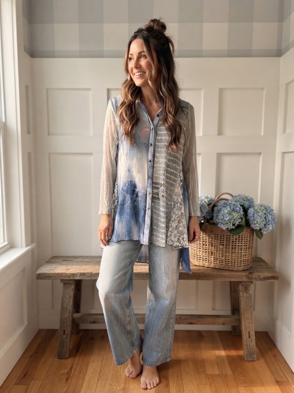 Boho Mixed-Print Sheer Button-Down Shirt Medium